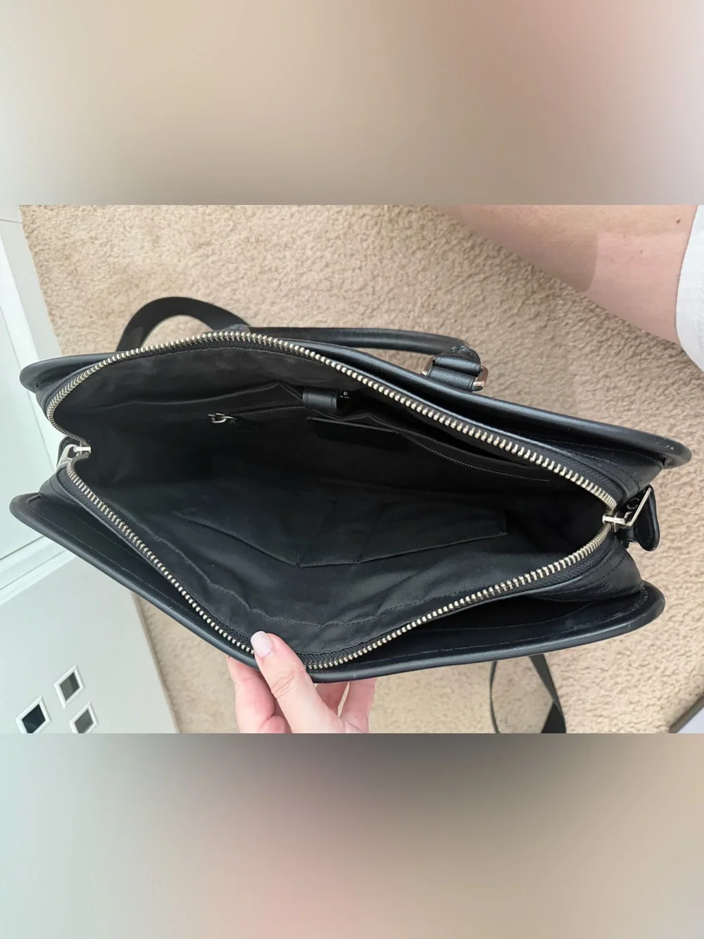 Black Leather Briefcase with Shoulder Strap - Men